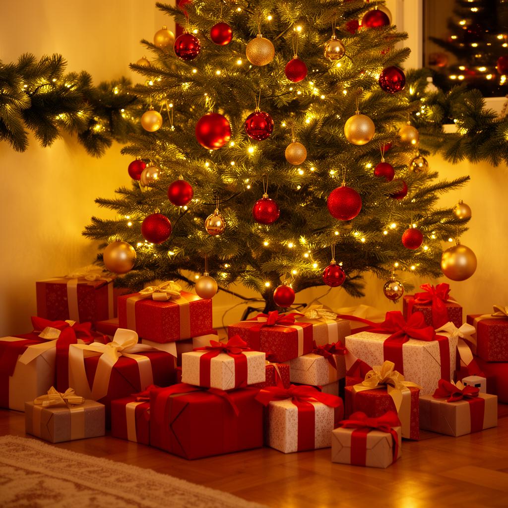 Salón navideño con árbol de Navidad y regalos